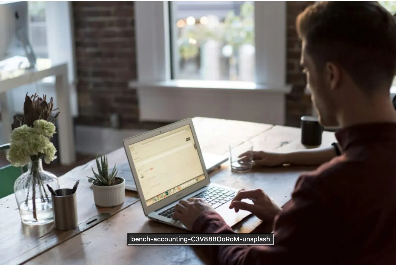 Person using laptop at a wooden table with plants